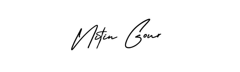 You should practise on your own different ways (AmerikaSignatureDemo-Regular) to write your name (Nitin Gour) in signature. don't let someone else do it for you. Nitin Gour signature style 3 images and pictures png