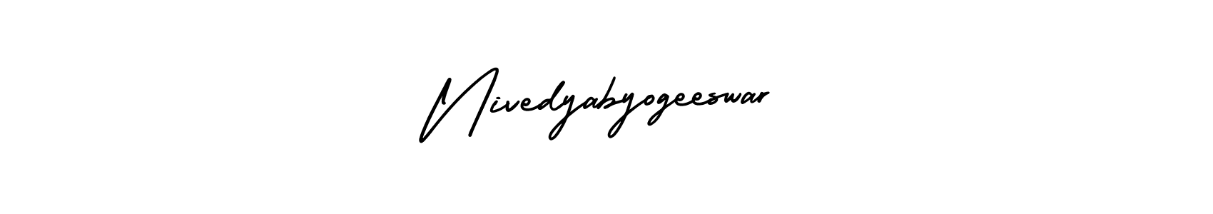 You should practise on your own different ways (AmerikaSignatureDemo-Regular) to write your name (Nivedyabyogeeswar) in signature. don't let someone else do it for you. Nivedyabyogeeswar signature style 3 images and pictures png