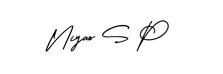 You should practise on your own different ways (AmerikaSignatureDemo-Regular) to write your name (Niyas S P) in signature. don't let someone else do it for you. Niyas S P signature style 3 images and pictures png
