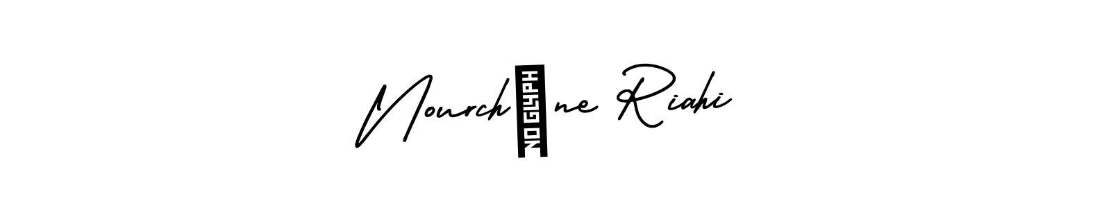 You should practise on your own different ways (AmerikaSignatureDemo-Regular) to write your name (Nourchéne Riahi) in signature. don't let someone else do it for you. Nourchéne Riahi signature style 3 images and pictures png