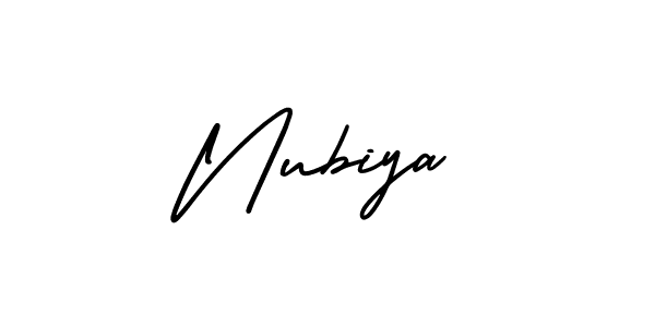 You should practise on your own different ways (AmerikaSignatureDemo-Regular) to write your name (Nubiya) in signature. don't let someone else do it for you. Nubiya signature style 3 images and pictures png