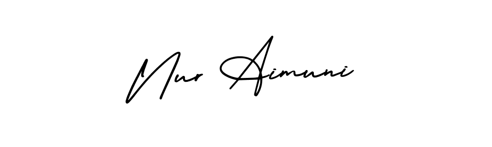 This is the best signature style for the Nur Aimuni name. Also you like these signature font (AmerikaSignatureDemo-Regular). Mix name signature. Nur Aimuni signature style 3 images and pictures png