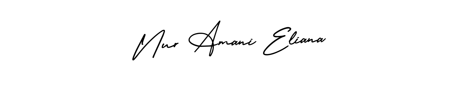 You should practise on your own different ways (AmerikaSignatureDemo-Regular) to write your name (Nur Amani Eliana) in signature. don't let someone else do it for you. Nur Amani Eliana signature style 3 images and pictures png