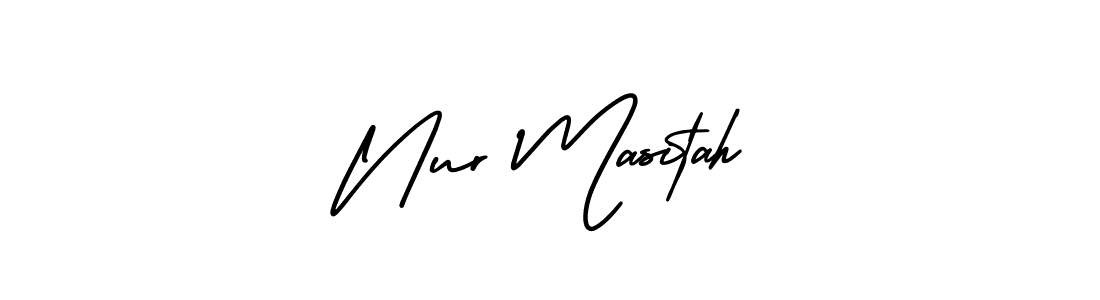 You should practise on your own different ways (AmerikaSignatureDemo-Regular) to write your name (Nur Masitah) in signature. don't let someone else do it for you. Nur Masitah signature style 3 images and pictures png