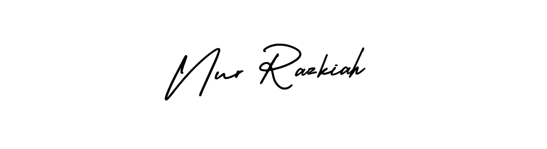 How to make Nur Razkiah name signature. Use AmerikaSignatureDemo-Regular style for creating short signs online. This is the latest handwritten sign. Nur Razkiah signature style 3 images and pictures png