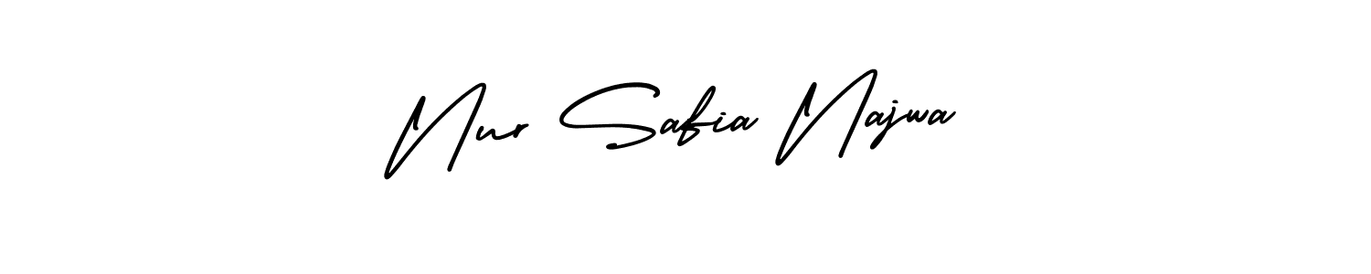 This is the best signature style for the Nur Safia Najwa name. Also you like these signature font (AmerikaSignatureDemo-Regular). Mix name signature. Nur Safia Najwa signature style 3 images and pictures png