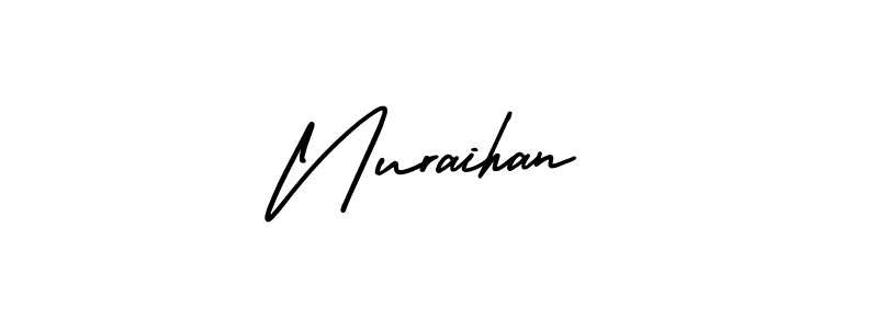 You should practise on your own different ways (AmerikaSignatureDemo-Regular) to write your name (Nuraihan) in signature. don't let someone else do it for you. Nuraihan signature style 3 images and pictures png