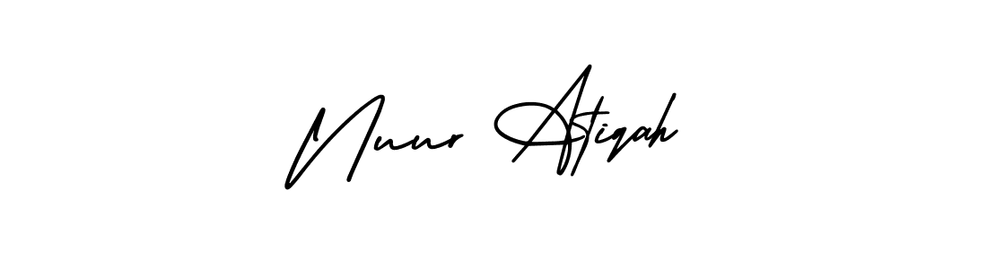 The best way (AmerikaSignatureDemo-Regular) to make a short signature is to pick only two or three words in your name. The name Nuur Atiqah include a total of six letters. For converting this name. Nuur Atiqah signature style 3 images and pictures png