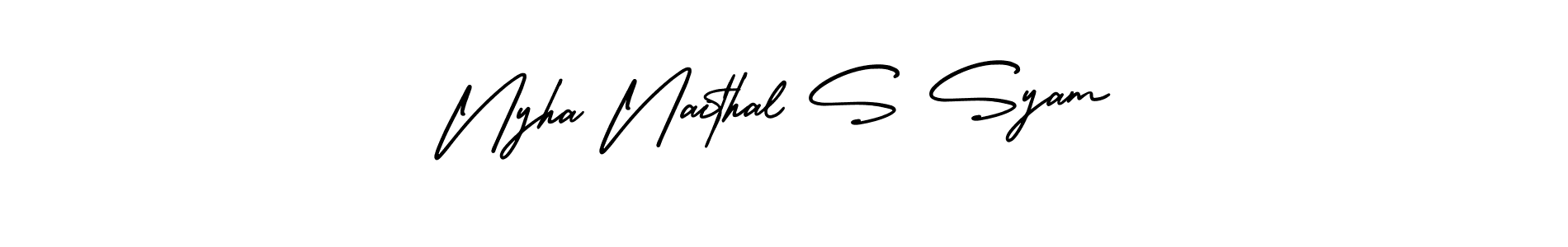 AmerikaSignatureDemo-Regular is a professional signature style that is perfect for those who want to add a touch of class to their signature. It is also a great choice for those who want to make their signature more unique. Get Nyha Naithal S Syam name to fancy signature for free. Nyha Naithal S Syam signature style 3 images and pictures png