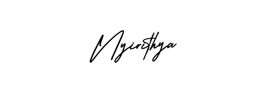 You should practise on your own different ways (AmerikaSignatureDemo-Regular) to write your name (Nyirithya) in signature. don't let someone else do it for you. Nyirithya signature style 3 images and pictures png