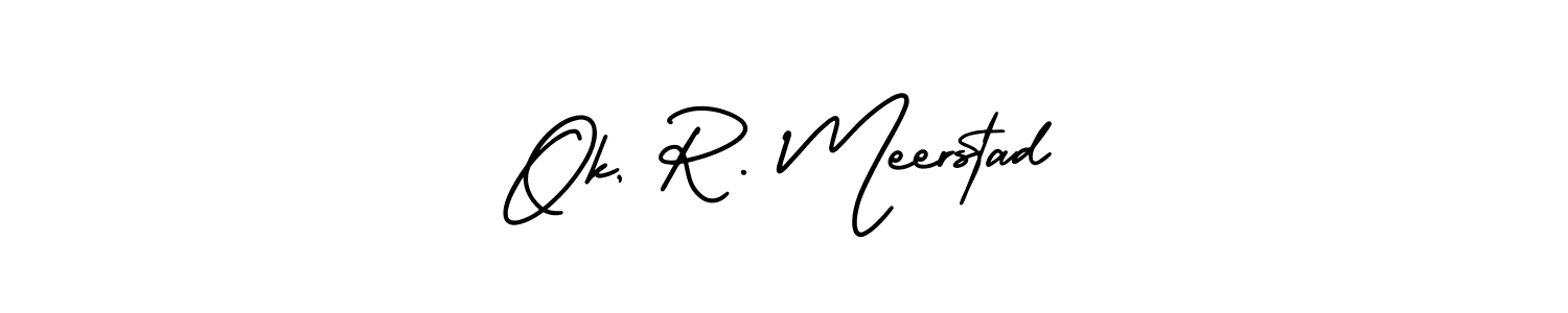 The best way (AmerikaSignatureDemo-Regular) to make a short signature is to pick only two or three words in your name. The name Ok, R. Meerstad include a total of six letters. For converting this name. Ok, R. Meerstad signature style 3 images and pictures png