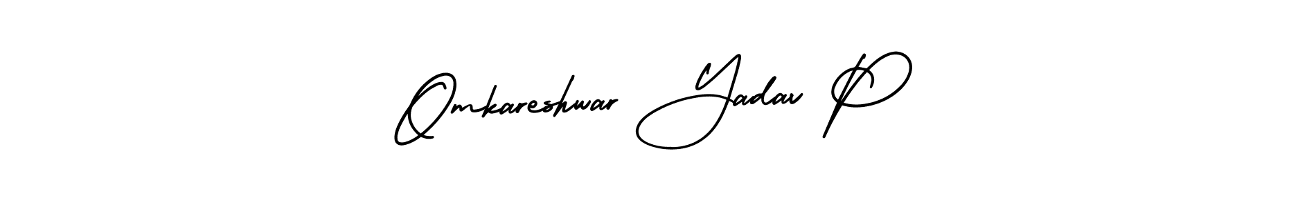 You should practise on your own different ways (AmerikaSignatureDemo-Regular) to write your name (Omkareshwar Yadav P) in signature. don't let someone else do it for you. Omkareshwar Yadav P signature style 3 images and pictures png