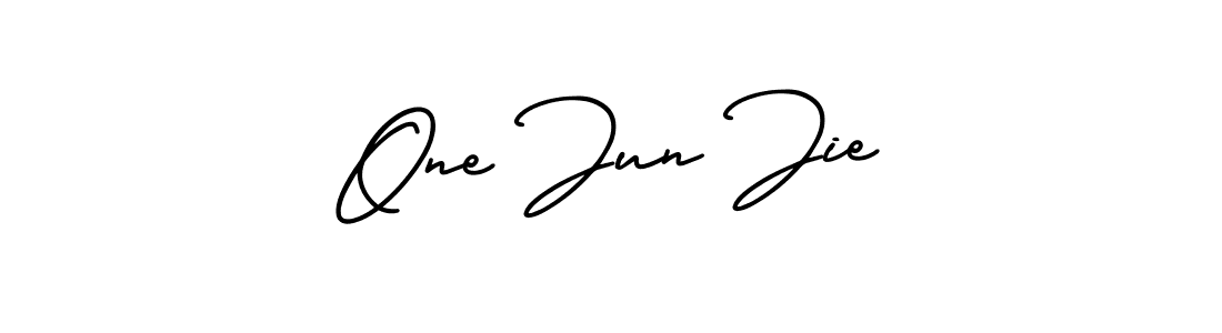 You should practise on your own different ways (AmerikaSignatureDemo-Regular) to write your name (One Jun Jie) in signature. don't let someone else do it for you. One Jun Jie signature style 3 images and pictures png