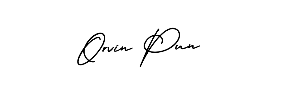 The best way (AmerikaSignatureDemo-Regular) to make a short signature is to pick only two or three words in your name. The name Orvin Pun include a total of six letters. For converting this name. Orvin Pun signature style 3 images and pictures png