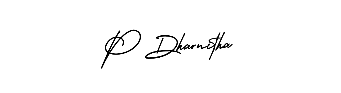 You should practise on your own different ways (AmerikaSignatureDemo-Regular) to write your name (P Dharnitha) in signature. don't let someone else do it for you. P Dharnitha signature style 3 images and pictures png