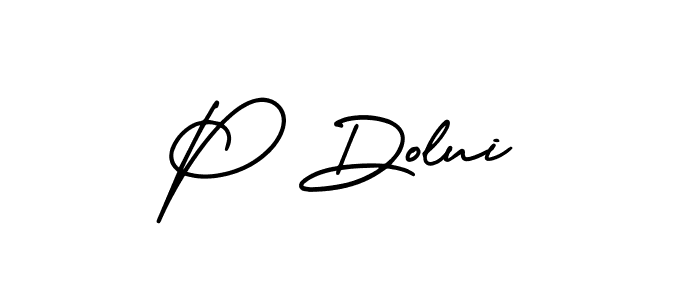 The best way (AmerikaSignatureDemo-Regular) to make a short signature is to pick only two or three words in your name. The name P Dolui include a total of six letters. For converting this name. P Dolui signature style 3 images and pictures png