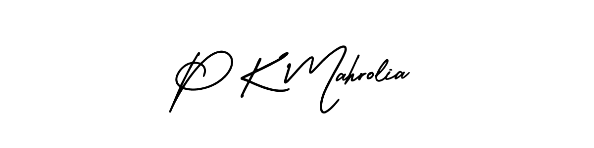 You should practise on your own different ways (AmerikaSignatureDemo-Regular) to write your name (P K Mahrolia) in signature. don't let someone else do it for you. P K Mahrolia signature style 3 images and pictures png