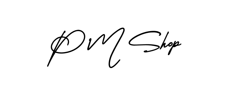 You should practise on your own different ways (AmerikaSignatureDemo-Regular) to write your name (P M Shop) in signature. don't let someone else do it for you. P M Shop signature style 3 images and pictures png