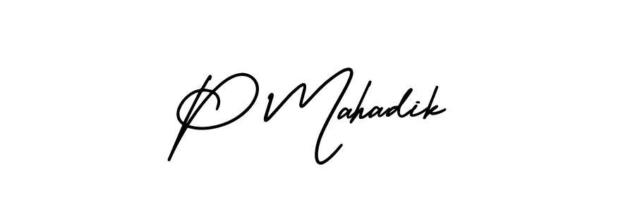 How to make P Mahadik name signature. Use AmerikaSignatureDemo-Regular style for creating short signs online. This is the latest handwritten sign. P Mahadik signature style 3 images and pictures png