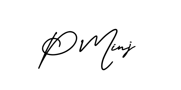You should practise on your own different ways (AmerikaSignatureDemo-Regular) to write your name (P Minj) in signature. don't let someone else do it for you. P Minj signature style 3 images and pictures png