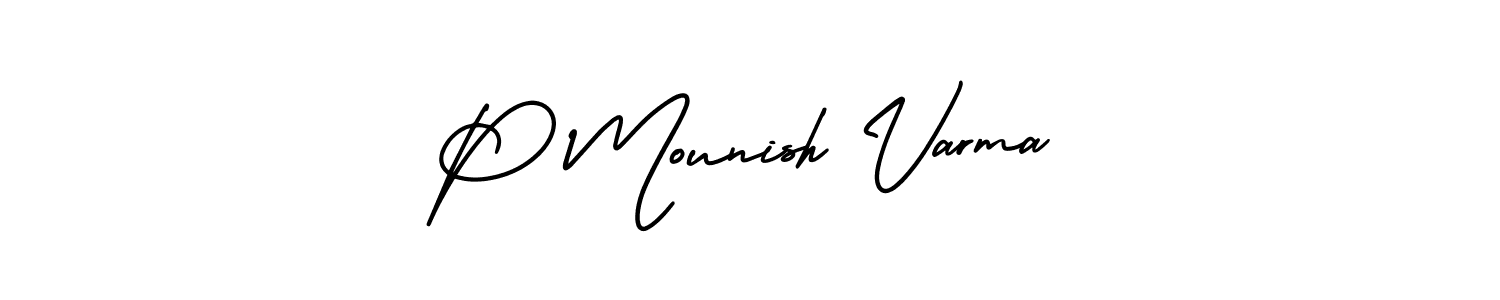 You should practise on your own different ways (AmerikaSignatureDemo-Regular) to write your name (P Mounish Varma) in signature. don't let someone else do it for you. P Mounish Varma signature style 3 images and pictures png