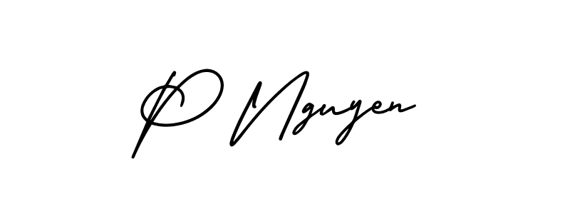 How to make P Nguyen name signature. Use AmerikaSignatureDemo-Regular style for creating short signs online. This is the latest handwritten sign. P Nguyen signature style 3 images and pictures png