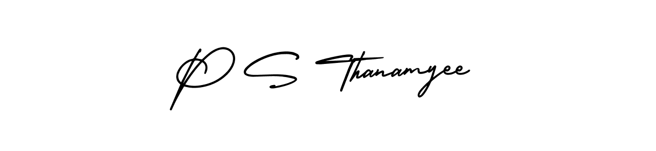 How to make P S Thanamyee name signature. Use AmerikaSignatureDemo-Regular style for creating short signs online. This is the latest handwritten sign. P S Thanamyee signature style 3 images and pictures png