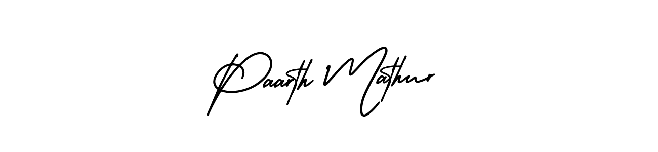 The best way (AmerikaSignatureDemo-Regular) to make a short signature is to pick only two or three words in your name. The name Paarth Mathur include a total of six letters. For converting this name. Paarth Mathur signature style 3 images and pictures png