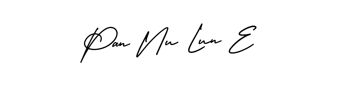 You should practise on your own different ways (AmerikaSignatureDemo-Regular) to write your name (Pan Nu Lun E) in signature. don't let someone else do it for you. Pan Nu Lun E signature style 3 images and pictures png