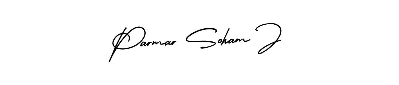 You should practise on your own different ways (AmerikaSignatureDemo-Regular) to write your name (Parmar Soham J) in signature. don't let someone else do it for you. Parmar Soham J signature style 3 images and pictures png