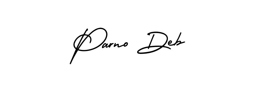 You should practise on your own different ways (AmerikaSignatureDemo-Regular) to write your name (Parno Deb) in signature. don't let someone else do it for you. Parno Deb signature style 3 images and pictures png