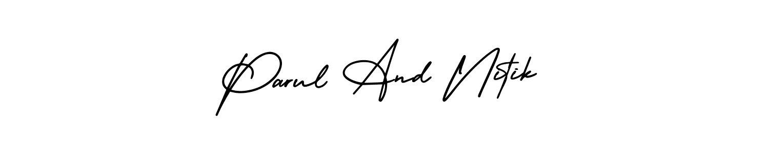 You should practise on your own different ways (AmerikaSignatureDemo-Regular) to write your name (Parul And Nitik) in signature. don't let someone else do it for you. Parul And Nitik signature style 3 images and pictures png