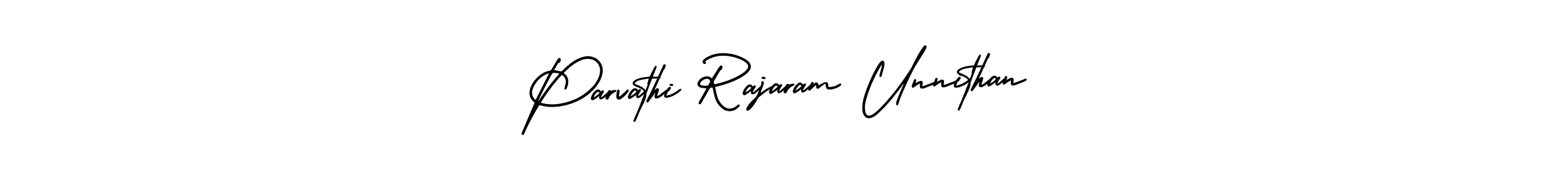 The best way (AmerikaSignatureDemo-Regular) to make a short signature is to pick only two or three words in your name. The name Parvathi Rajaram Unnithan include a total of six letters. For converting this name. Parvathi Rajaram Unnithan signature style 3 images and pictures png