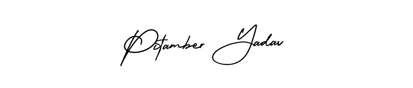 You should practise on your own different ways (AmerikaSignatureDemo-Regular) to write your name (Pitamber Yadav) in signature. don't let someone else do it for you. Pitamber Yadav signature style 3 images and pictures png