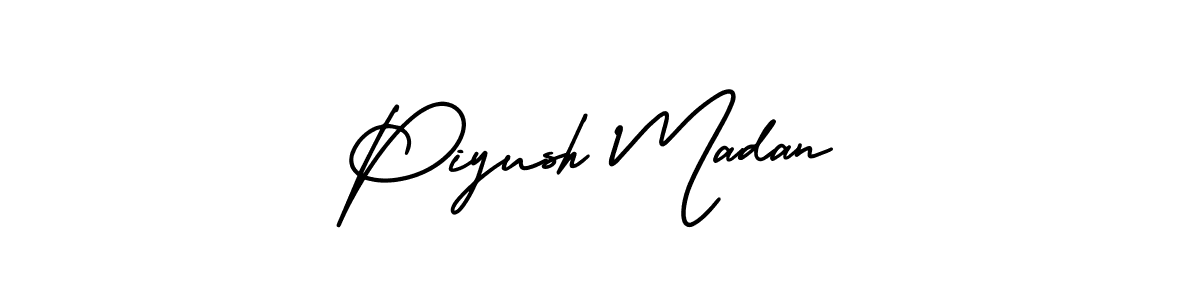 You should practise on your own different ways (AmerikaSignatureDemo-Regular) to write your name (Piyush Madan) in signature. don't let someone else do it for you. Piyush Madan signature style 3 images and pictures png