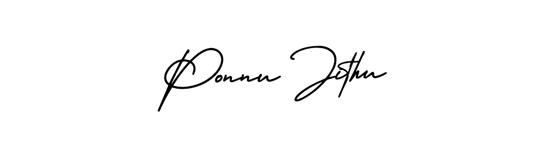 You should practise on your own different ways (AmerikaSignatureDemo-Regular) to write your name (Ponnu Jithu) in signature. don't let someone else do it for you. Ponnu Jithu signature style 3 images and pictures png