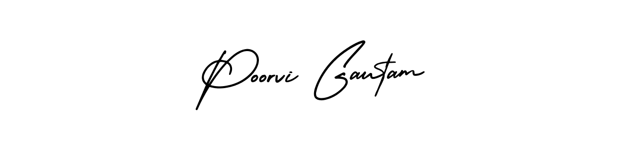 You should practise on your own different ways (AmerikaSignatureDemo-Regular) to write your name (Poorvi Gautam) in signature. don't let someone else do it for you. Poorvi Gautam signature style 3 images and pictures png