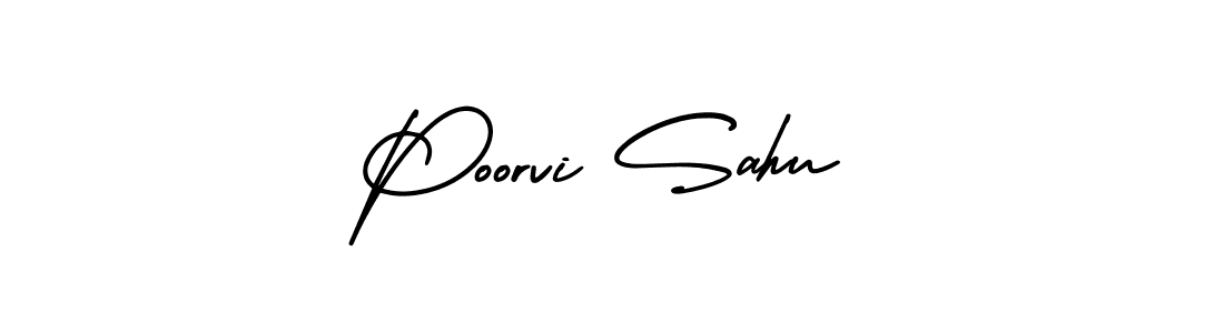 You should practise on your own different ways (AmerikaSignatureDemo-Regular) to write your name (Poorvi Sahu) in signature. don't let someone else do it for you. Poorvi Sahu signature style 3 images and pictures png