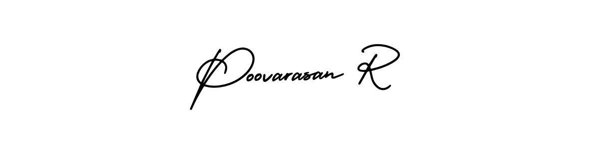 This is the best signature style for the Poovarasan R name. Also you like these signature font (AmerikaSignatureDemo-Regular). Mix name signature. Poovarasan R signature style 3 images and pictures png