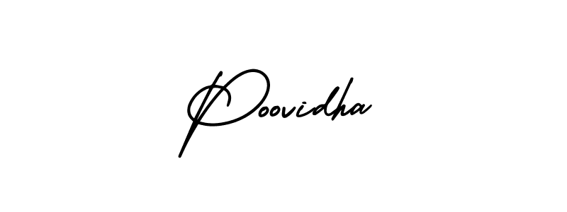 You should practise on your own different ways (AmerikaSignatureDemo-Regular) to write your name (Poovidha) in signature. don't let someone else do it for you. Poovidha signature style 3 images and pictures png