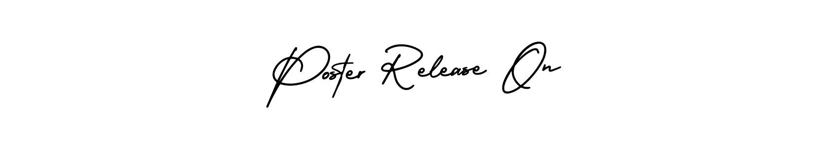 The best way (AmerikaSignatureDemo-Regular) to make a short signature is to pick only two or three words in your name. The name Poster Release On include a total of six letters. For converting this name. Poster Release On signature style 3 images and pictures png