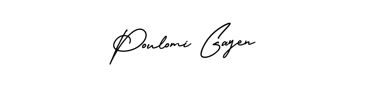 The best way (AmerikaSignatureDemo-Regular) to make a short signature is to pick only two or three words in your name. The name Poulomi Gayen include a total of six letters. For converting this name. Poulomi Gayen signature style 3 images and pictures png