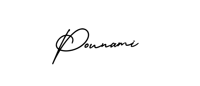 You should practise on your own different ways (AmerikaSignatureDemo-Regular) to write your name (Pounami) in signature. don't let someone else do it for you. Pounami signature style 3 images and pictures png