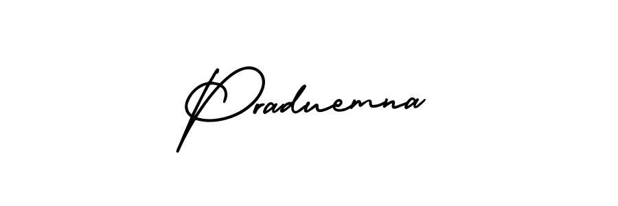 You should practise on your own different ways (AmerikaSignatureDemo-Regular) to write your name (Praduemna) in signature. don't let someone else do it for you. Praduemna signature style 3 images and pictures png
