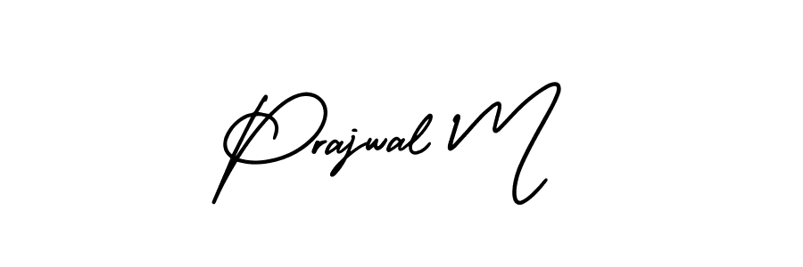 You should practise on your own different ways (AmerikaSignatureDemo-Regular) to write your name (Prajwal M) in signature. don't let someone else do it for you. Prajwal M signature style 3 images and pictures png