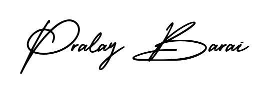 A classic penmanship look for Pralay Barai. The AmerikaSignatureDemo-Regular font brings timeless elegance and confidence to every signed document. Pralay Barai signature style 3 images and pictures png