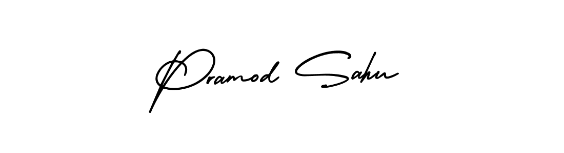 You should practise on your own different ways (AmerikaSignatureDemo-Regular) to write your name (Pramod Sahu) in signature. don't let someone else do it for you. Pramod Sahu signature style 3 images and pictures png
