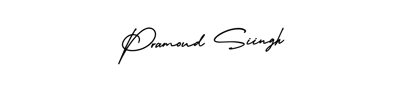 You should practise on your own different ways (AmerikaSignatureDemo-Regular) to write your name (Pramoud Siingh) in signature. don't let someone else do it for you. Pramoud Siingh signature style 3 images and pictures png