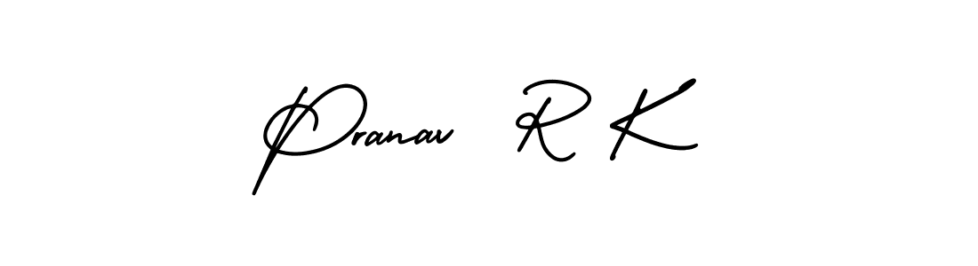 You should practise on your own different ways (AmerikaSignatureDemo-Regular) to write your name (Pranav  R K) in signature. don't let someone else do it for you. Pranav  R K signature style 3 images and pictures png
