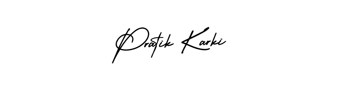 You should practise on your own different ways (AmerikaSignatureDemo-Regular) to write your name (Pratik Karki) in signature. don't let someone else do it for you. Pratik Karki signature style 3 images and pictures png